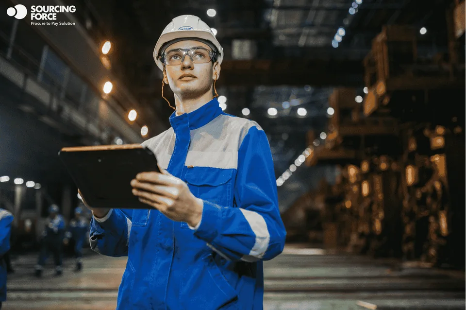 Professionnel industriel consultant des informations sur une tablette dans un atelier.