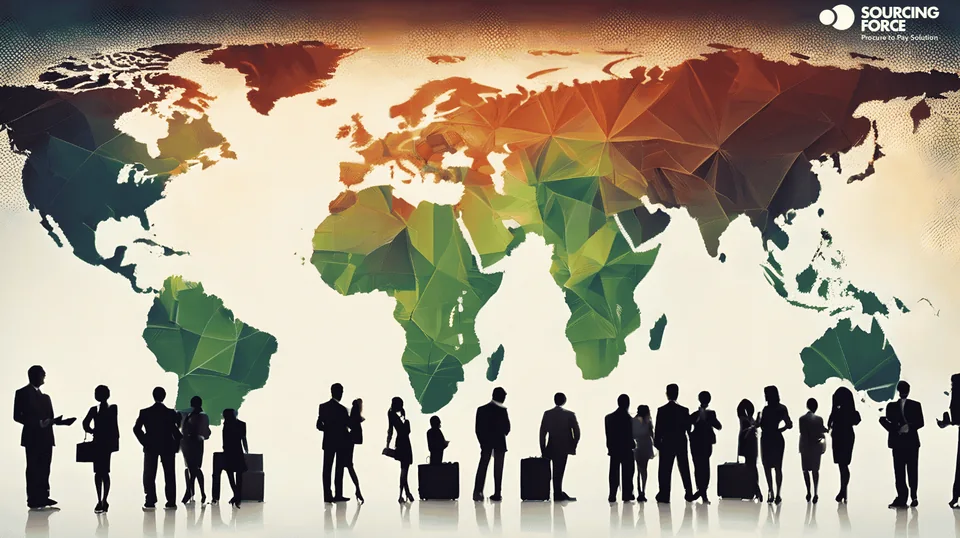 Carte du monde et silhouettes de professionnels, illustration des échanges internationaux.