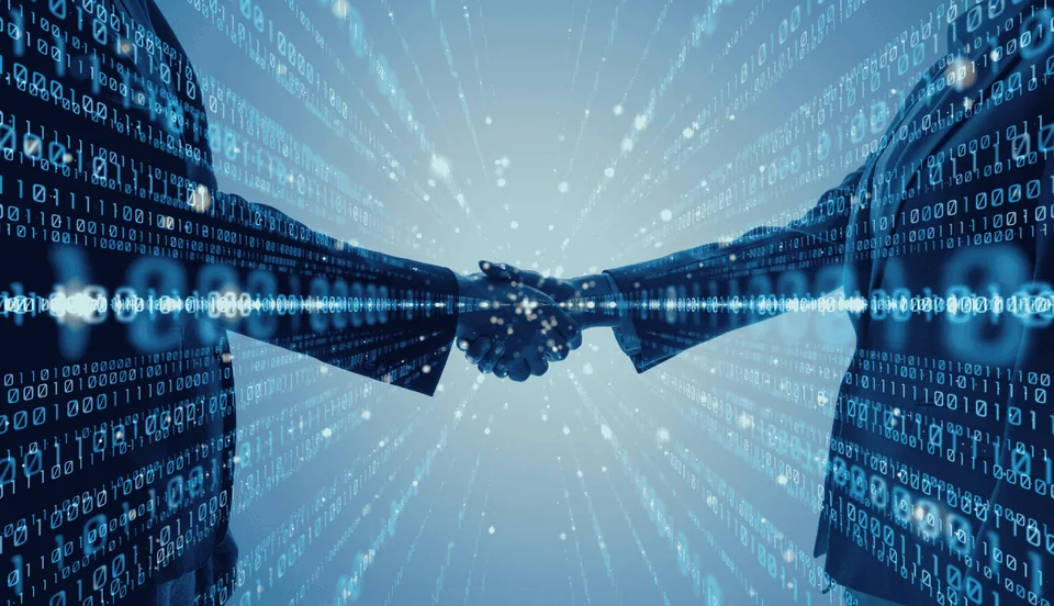 Illustration d’une connexion entre deux professionnels dans un environnement numérique.
